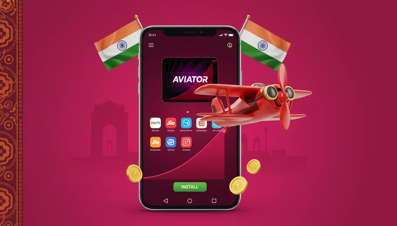 Aviator Android APK install screen on an Indian phone home screen, install button highlighted, Aviator app icon visible alongside common Ind