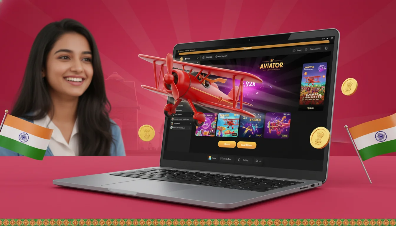 Indian casino mobile lobby showing Aviator tile prominently among other crash games, Spribe provider badge visible, demo and real-money butt